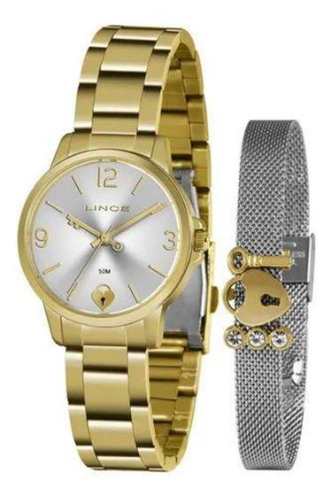 Imagem de Relogio pulso lince analogico dourado com pulseira prata