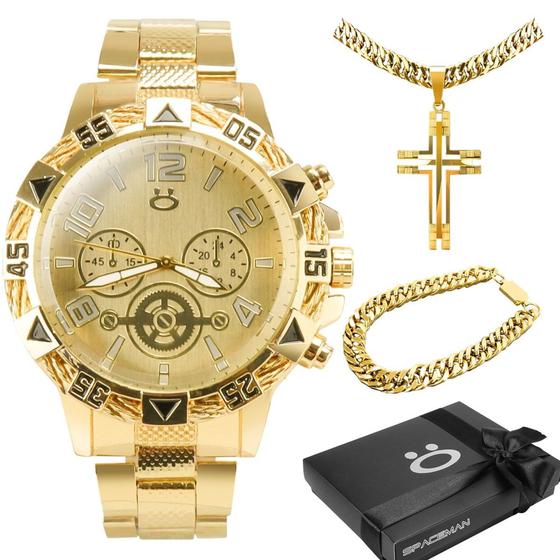 Imagem de Relógio Quartz Masculino Dourado Prova D'água + Kit Banhado a Ouro 18k