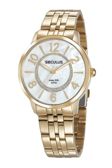 Imagem de Relogio Seculus Feminino Dourado branco grande long life 28948lpsvda1