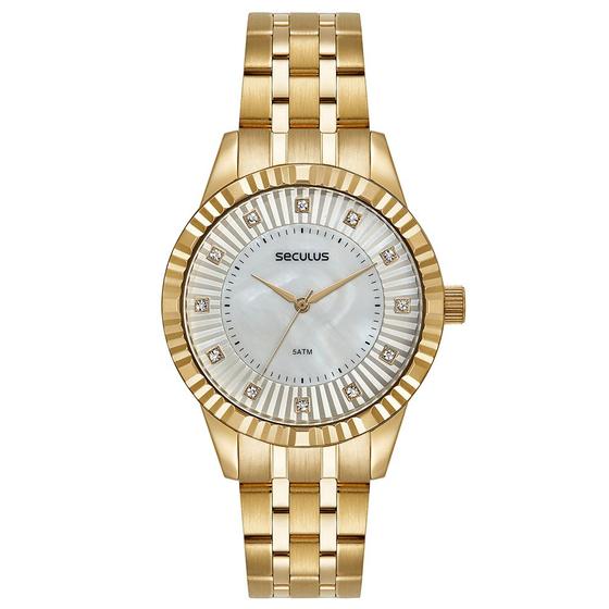 Imagem de Relogio Seculus feminino dourado grande strass prova dagua aço 77197LPSVDS1