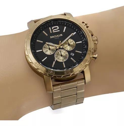 Imagem de Relógio Seculus Masculino Dourado Cronógrafo Para Mergulho Cor Do Fundo Preto