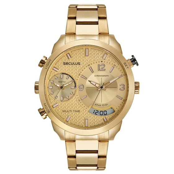 Imagem de Relogio Seculus Masculino Dourado Grande Dual Time Cronômetro Anadigi 77194gpsvda1 Original