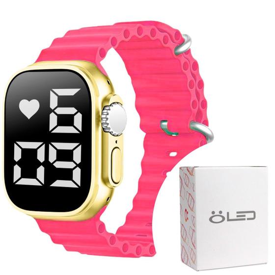 Imagem de Relógio silicone aço inox digital feminino led ultra + caixa dourado garantia presente original rosa