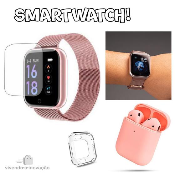 Relógio Smartwatch P70 Com Duas Pulseiras Rose mais fone i12 Rosa case e pelicula Menor preço em Relógio Smartwatch P70 Com Duas Pulseiras Rose mais fone i12 Rosa case e pelicula