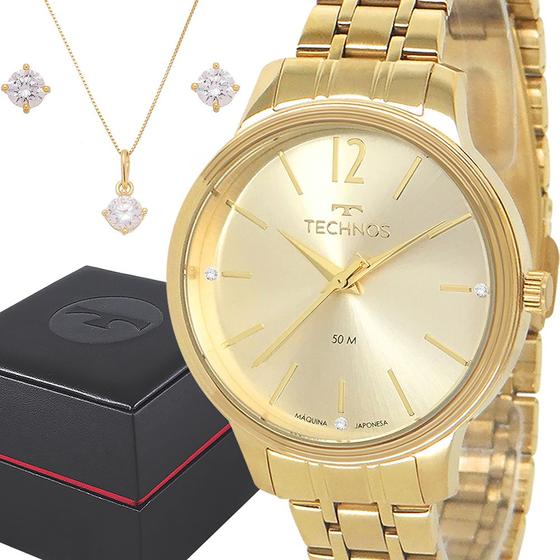Relógio Technos Feminino Dourado Prova d'água com 1 ano de garantia e colar e brincos Menor preço em Relógio Technos Feminino Dourado Prova d'água com 1 ano de garantia e colar e brincos