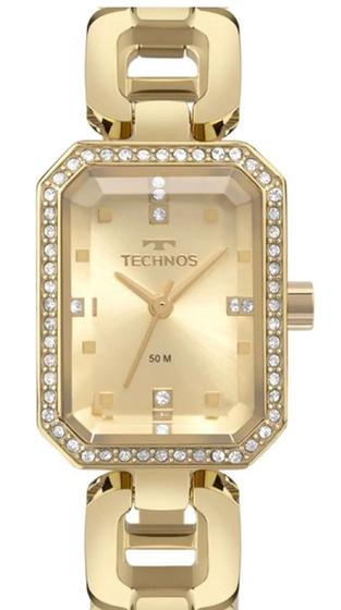 Imagem de Relogio Technos feminino dourado quadrado pequeno cravejado strass sofisticado luxo moderno pulseira de elos 2036MTF/1D