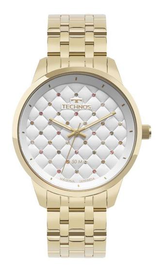 Imagem de Relogio Technos feminino grande dourado banhado aço inox  lado pedrinhas coloridas strass 2035NAF/1B