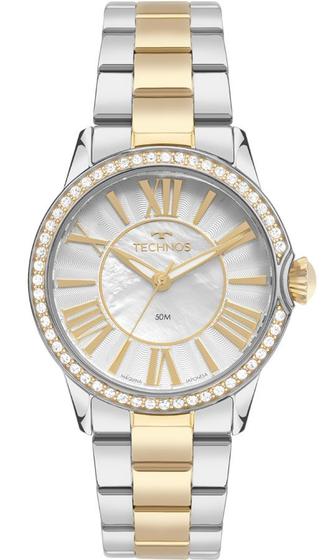 Imagem de Relogio Technos feminino prata e dourado grande misto bicolor cravejado com pedrinhas strass 2035MYU/1K