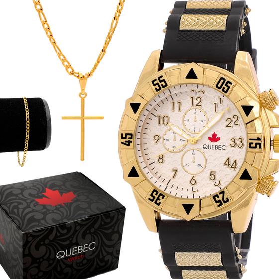 Imagem de Rélógios Masculino Dourado Pulseira de Borracha Quebec Com Corrente Pingente e Pulseira