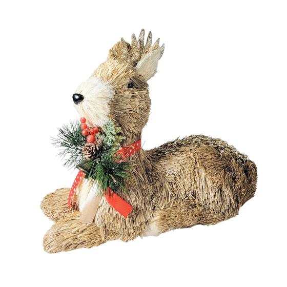 Imagem de Rena Deitada De Palha Com Brilho 28X33X20Cm Enfeite De Natal