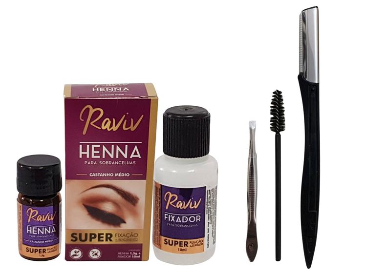 Imagem de Rena para sobrancelha profissional designer kit henna raviv com Pinça Navalha escovinha