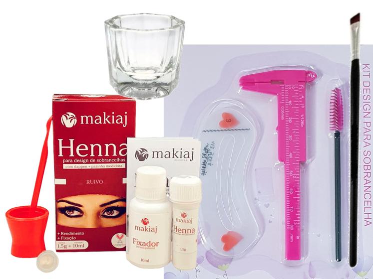 Imagem de renna sobrancelha kit designer completo henna makiaj paquimetro pincel dappen escovinha e moldes