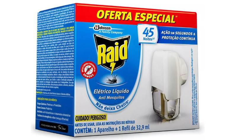 Repelente Elétrico Raid Líquido 45 Noites Aparelho + Refil Menor preço em Repelente Elétrico Raid Líquido 45 Noites Aparelho + Refil