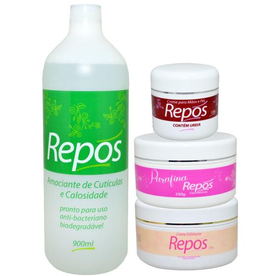 Imagem de Repos Spa Pés e Mãos Amaciante Calosidades 900ml+Esfoliante 250gr+Parafina 250gr+Uréia 120gr