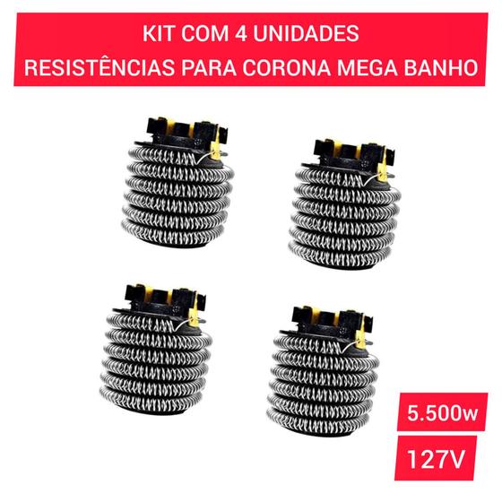 Imagem de Resistência Corona Mega Banho Para Chuveiro 4T  Kit Com 4 Unidades  Para Ducha Corona 127V 5.500w
