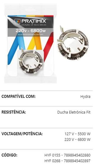 Imagem de Resistencia ducha eletronica fit hydra chuveiro 220v 6800w - pratimix