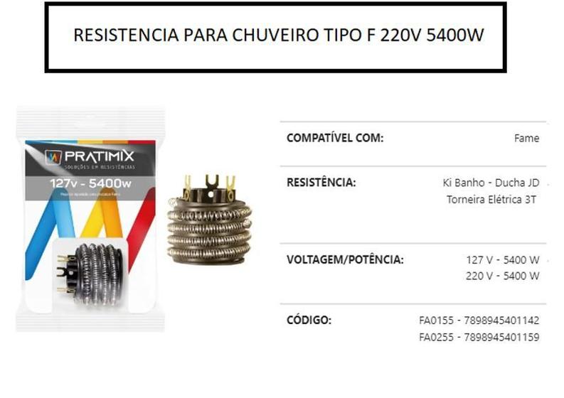 Imagem de Resistencia Para Chuveiro Tipo F 220v 5400w FA0255 - Pratimix