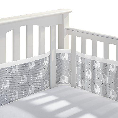 Imagem de RespirávelBaby Respirável Crib Liner de Malha  Coleção Clássica  Cinza Elefante Pacífico  Encaixa em tamanho real com páltones traseiros e costas sólidos  Anti-pára-choques