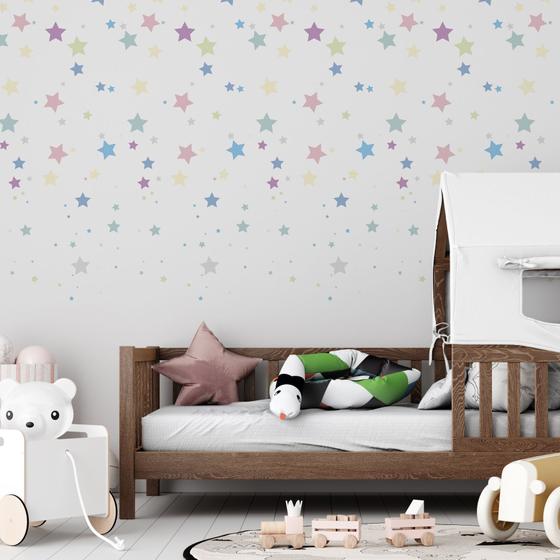 Imagem de Revestimento de Parede Papel Adesivo Infantil Estampa Chuva de Estrelas Coloridas Para Decoração De Quartos