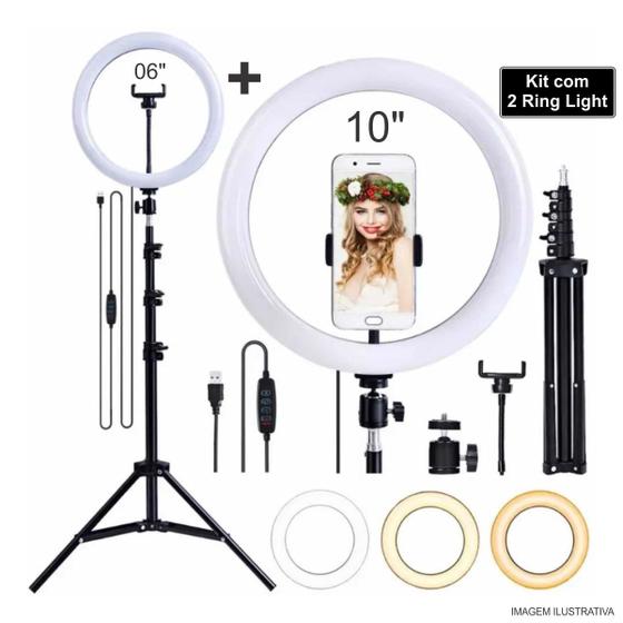 Imagem de Ring Light 10' + Ring Light 6'' Kit Iluminador Pró De Led Para Make Maquiadora Blogueira Live Youtuber Fotografia