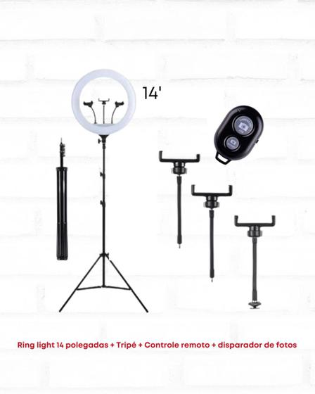 Imagem de Ring light 14 (35cm) polegadas + tripé 160cm + 03 phone clip + adaptador ball head + disparador de fotos