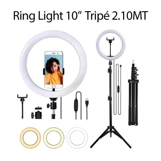 Imagem de Ring Light 26cm 10 Polegadas 20W + Tripé 2.10m Com Suporte de Celular