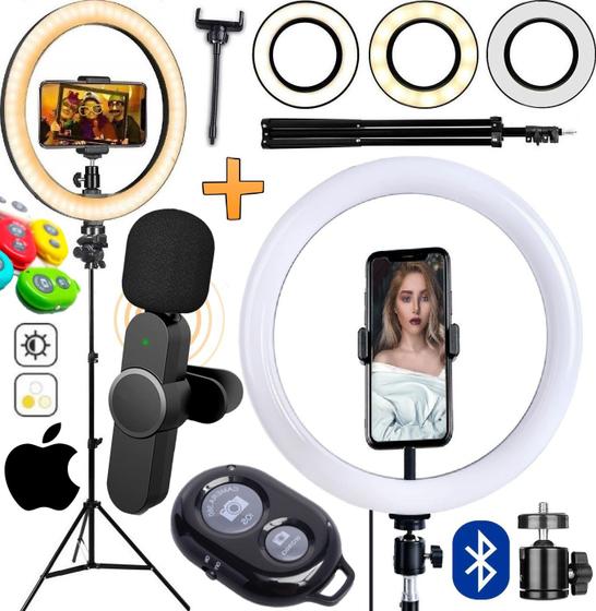 Imagem de Ring Light Iluminador Anel de Luz Led Selfie Makeup Tripé Microfone de Lapela Sem Fio Lightning Celular Gravação Vídeo