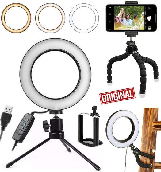 Imagem de Ring Light Iluminador Luz Led Anel 16cm 3 Cores Selfie Foto Vídeo Makeup Youtuber + Mini Tripé Flexível Câmera Celular