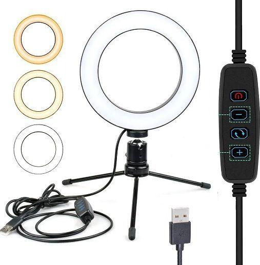 Imagem de Ring Light Iluminador Profissional Luz Led Flash 16cm 10 Polegadas Selfie Makeup Foto Vídeo Youtuber 3 Cores Tripé Mesa