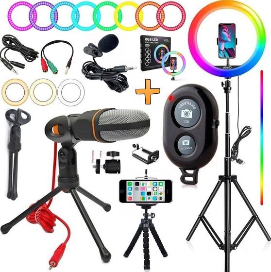 Imagem de Ring Light Iluminador Rgb Colorido Luz Led Hing Make Profissional + Tripé Microfone Condensador + Lapela Gravação Vídeo