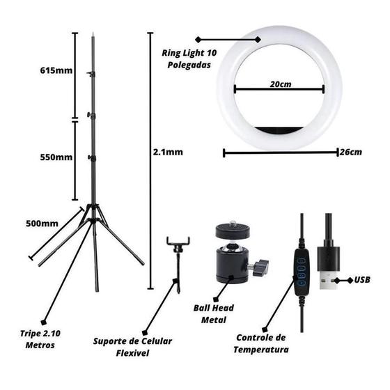 Imagem de Ring Light Led Circular Completo 26Cm + Tripé 2,1M