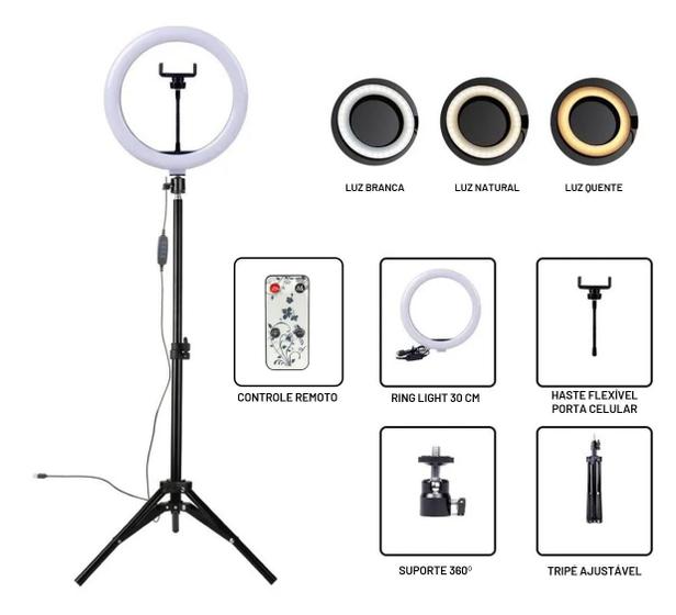 Imagem de Ring Light Led Iluminador 30Cm Completo Tripé Control Remoto