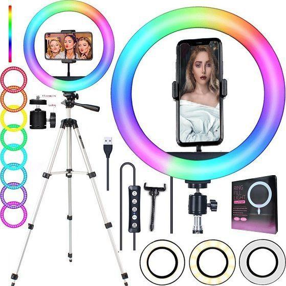 Imagem de Ring Light Led Luz Iluminador Rgb Colorido Tirar Foto Gravações de Vídeos Celular Tripé Pedestal Profissional Universal