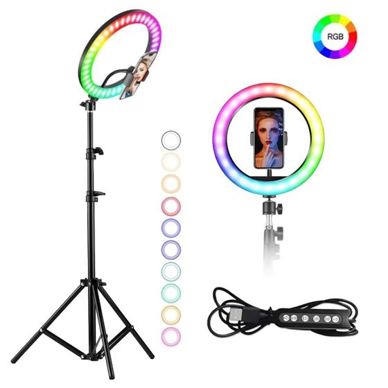 Imagem de Ring Light LED RGB 33cm com Suporte para Celular e Tripé 1,90cm - MJ33