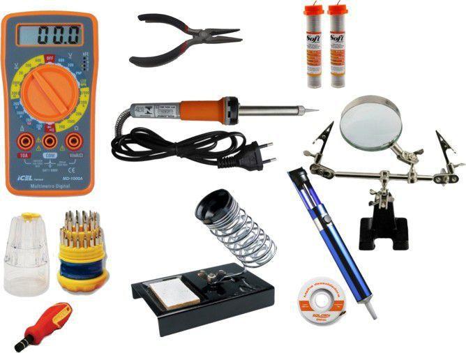 Imagem de Rl006 - kit ferramentas para eletrônica solda, multímetro, lupa, alicate, malha dessoldadora