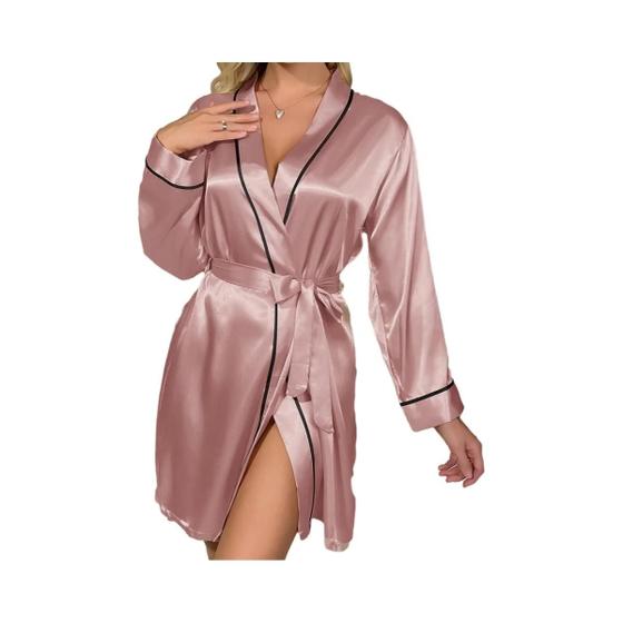 Imagem de Robe De Noite Elegante Feminina De Manga Longa Em Cetim Com Decote Em V E Cinto