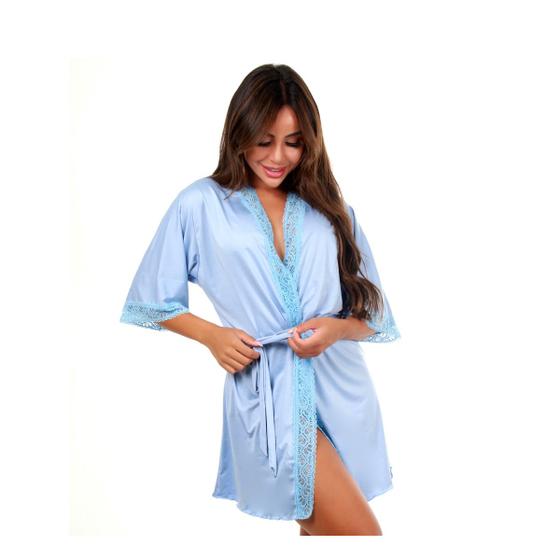 Imagem de Robe robby roupão microfibra renda kimono feminino Azul