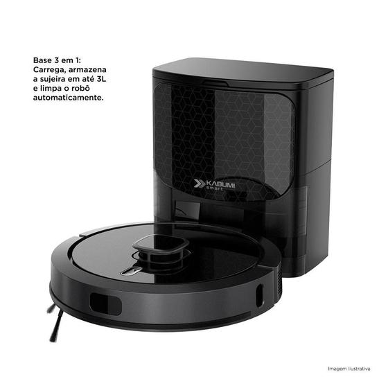 Robô aspirador Kabum Smart 900 conectado à base de carregamento com texto explicativo sobre o sistema 3 em 1