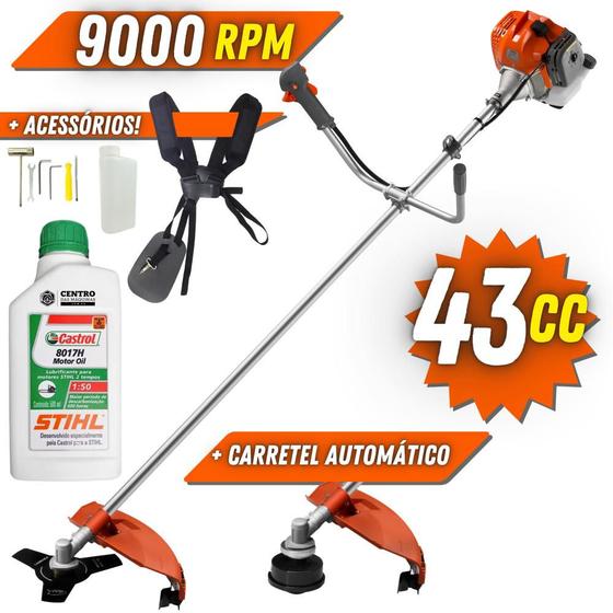 Imagem de Roçadeira Aparador de Grama Máquina de Cortar Grama Á Gasolina Tekna RL430ACN-TK 2T 43cc 1,7HP 9.000RPM Completa com Lâmina de Corte 3 Pontas + Cabeçote Nylon + ÓLEO STIHL 2T