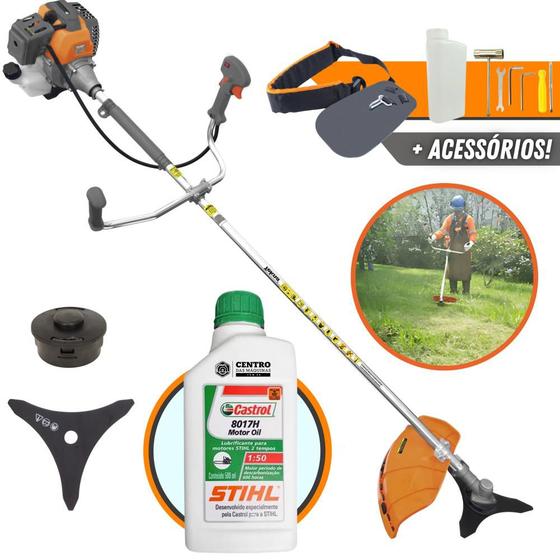 Imagem de Roçadeira Lateral Com Óleo Stihl 2T RL520-P Plus Tekna Á Gasolina 2T 52cc 2HP 10.000RPM Alta Potência e Performance Com Cabeçote Nylon e Faca de 3 Pontas