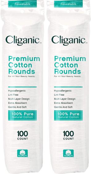 Imagem de Rodadas de Algodão Premium Cliganic para Rosto (200 Unidades) - Hipoalergênicas, Sem Lint e 100% Algodão Puro