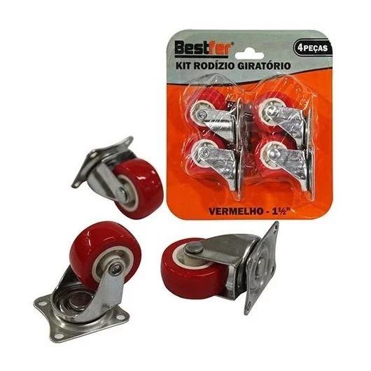 Imagem de Rodizio giratorio vermelho com freio 1.1/2 17kg kit c.4 un bestfer bfh1905