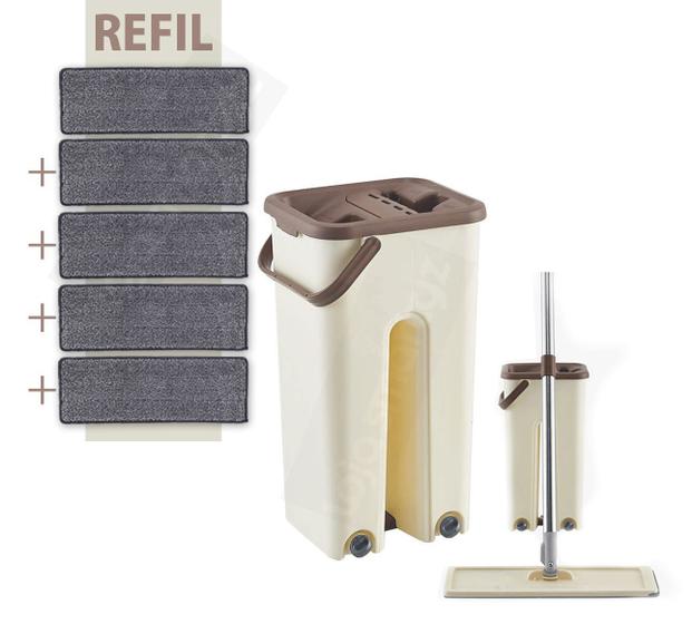 Imagem de Rodo mop Flat e balde para limpeza de piso Wash And Dry + Refil extra