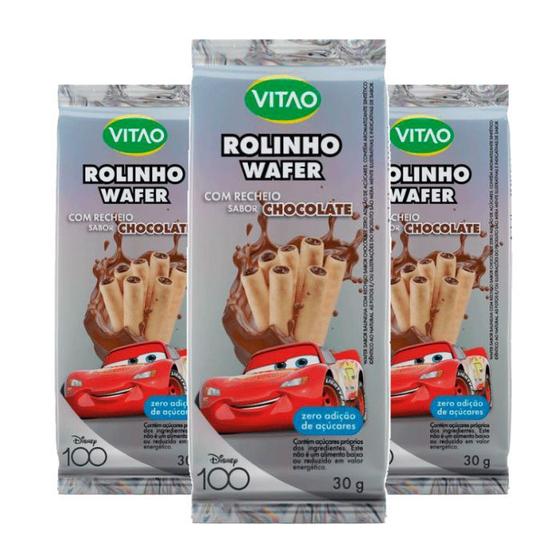 Imagem de Rolinho Wafer com Chocolate Zero Açúcar Disney Cars Vitao contendo 3 unidades de 30g cada