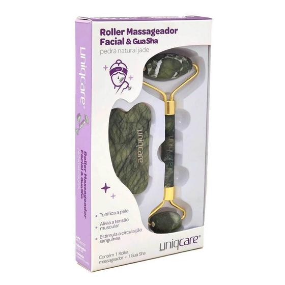 Imagem de Roller Massageador Facial GuaSha - Pedra Natural Jade Original Uniqmed