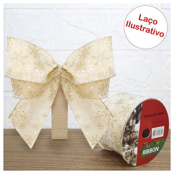 Imagem de Rolo Fita Aramada Natal Floco De Neve Decoração Natalina 6,3cm x 9,14m