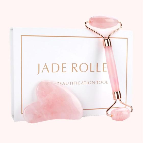 Imagem de Rolo Massageador Facial Quartzo Rosa Jade + Gua Sha + Caixa