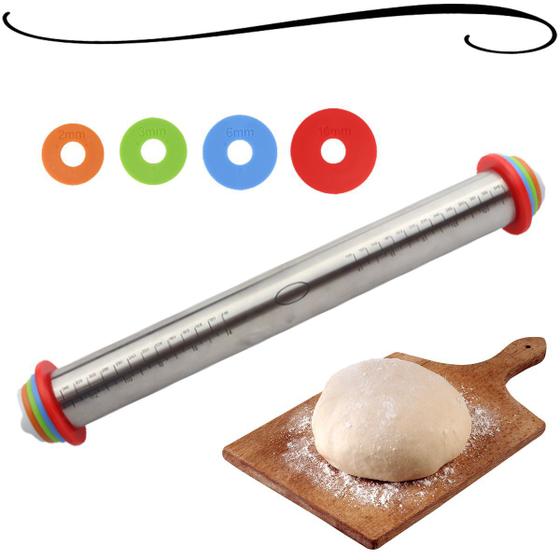 Imagem de Rolo Para Abrir Massas Macarrão Pão Pizza Confeitaria Doces Pastel Ajustável Em Aço Inox Antiaderente 42cm