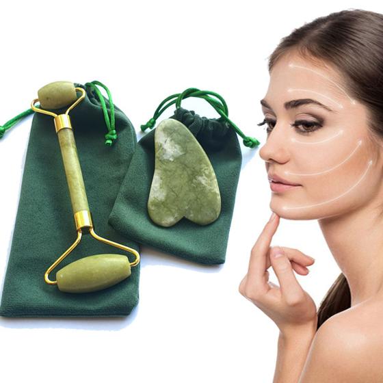 Imagem de Rolo Pedra De Jade + Placa Gua Sha Massagem Facial Anti Ruga