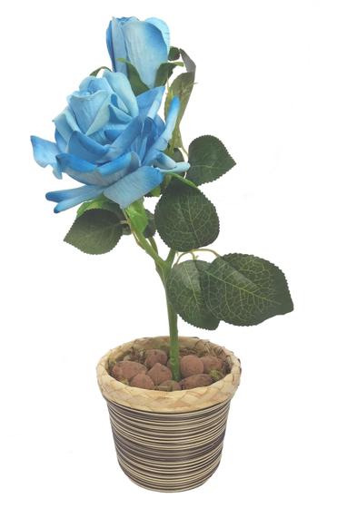 Imagem de Rosa Azul Arranjo Flor Artificial Com Vaso Redondo Marrom E Bege Com Listras - FLORDECORAR